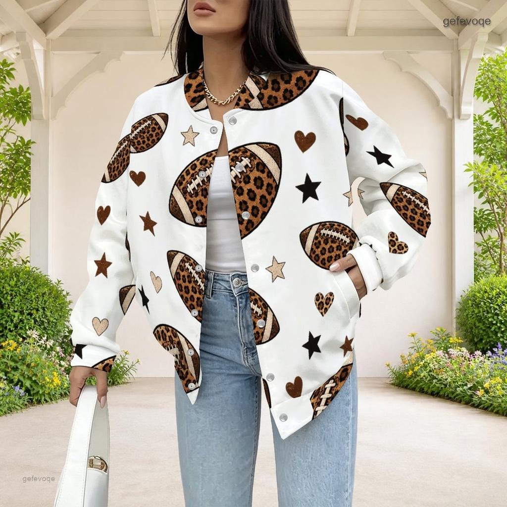 Women Plus Size White Leopard Heart Lock Printed Baseball Collar Long Sleeve Jacket With Pockets