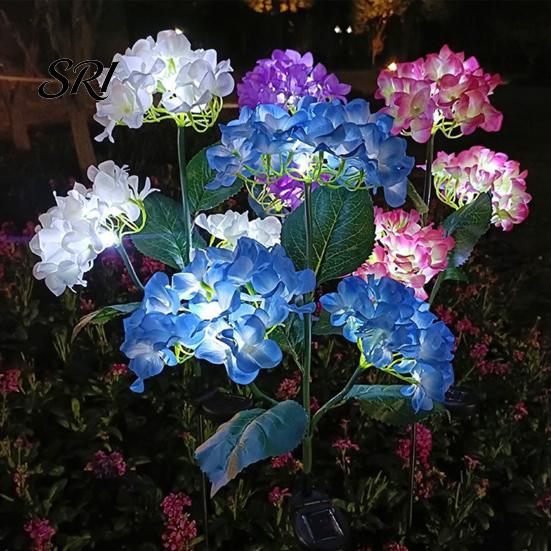 Solar Powered Garden Lamps 3-Head Hydrangea Flower Light with Colorful LEDs Waterproof Outdoor Stake Lights Lamp for Yard Patio Walkway Energy-Saving