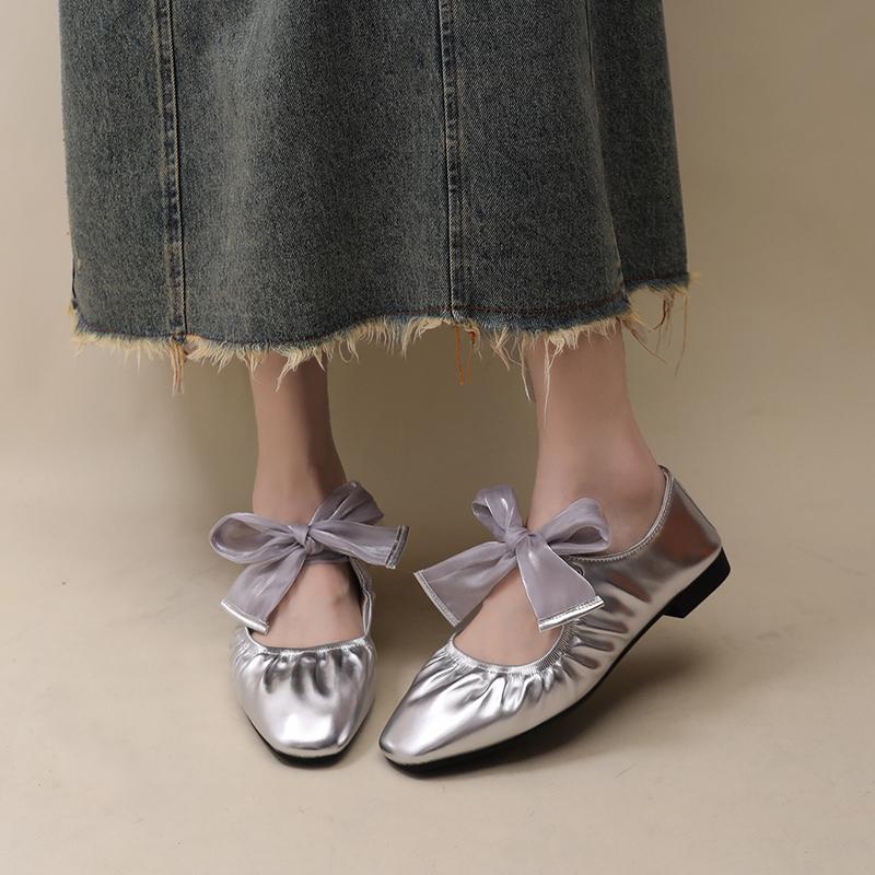 Fashion Women's Flat Shoes Fall New Square Head Shallow Mouth Butterfly Knot Soft Sole Non-slip Comfortable Low Top Shoes