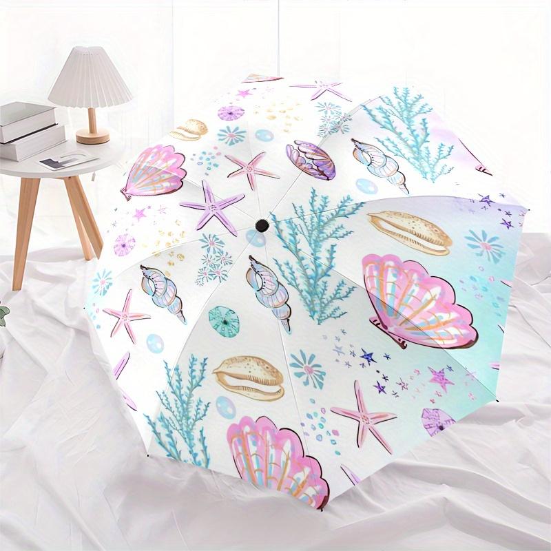 Seashell Pattern Automatic Folding Umbrella  Simple 8 Rib Design, Bright Cartoon Pattern, Durable Iron Frame, Suitable For Travel, Outdoor,
