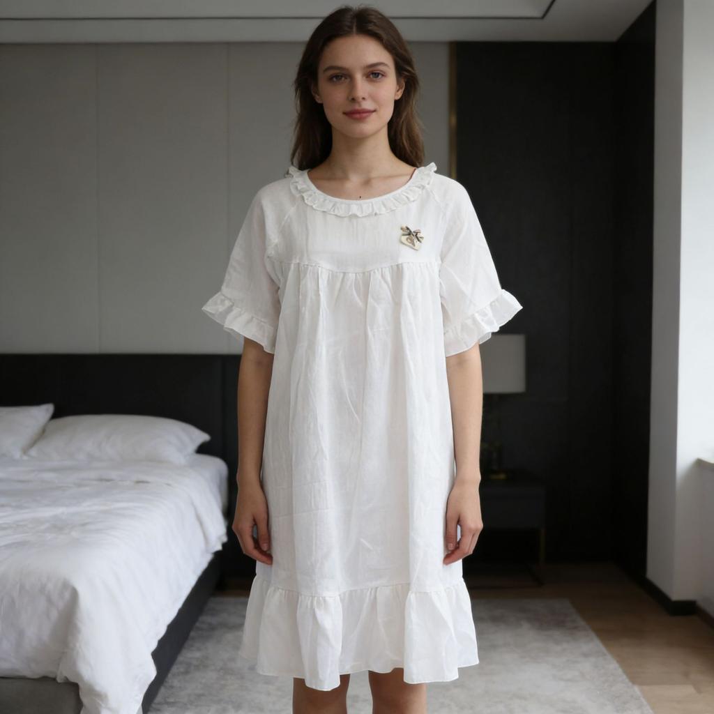 Sleeping Dress Women's Summer Lightweight Loose Large-sized Ruffled Long-sleeved Sweet Pajamas