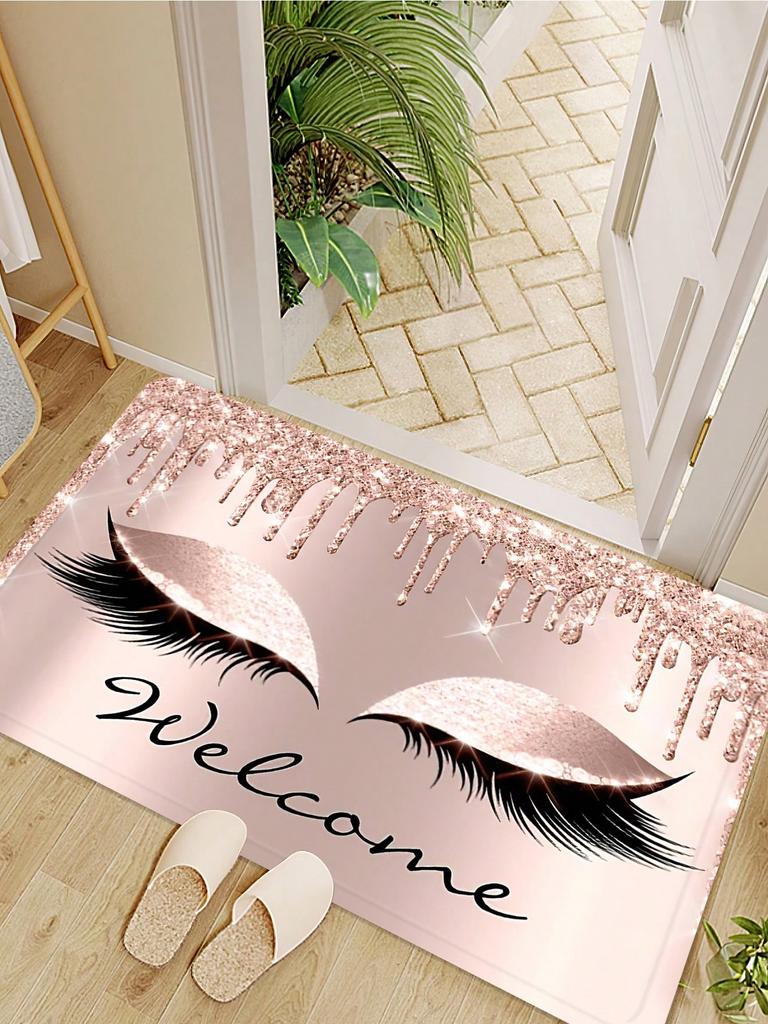 1pc Pink Eye Print Letter Graphic Mat Modern Polyester Absorbent Floor Mat For Household Home Decorative Entrance Door Rmats