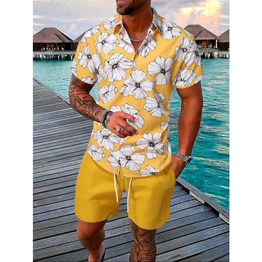 Heren Sportkleding Tweedeelssæt, Hemdenset, Modieus Heren Twee-delig Set met 3D Print, Hawaïaanse Strand Hemd met Kraag Tweedeelssæt 2XL
