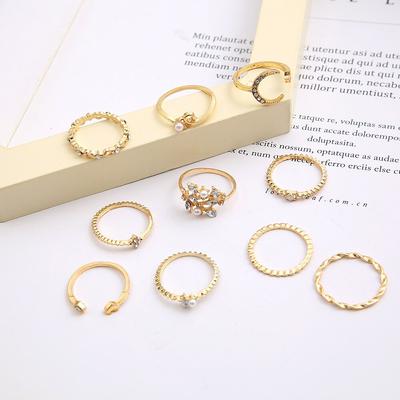 Stern Mond Ring Diamant Liebe Perle Blätter 10-teiliges Ring-Set Kreativer Retro Damen Knöchelring Schmuck für Frauen