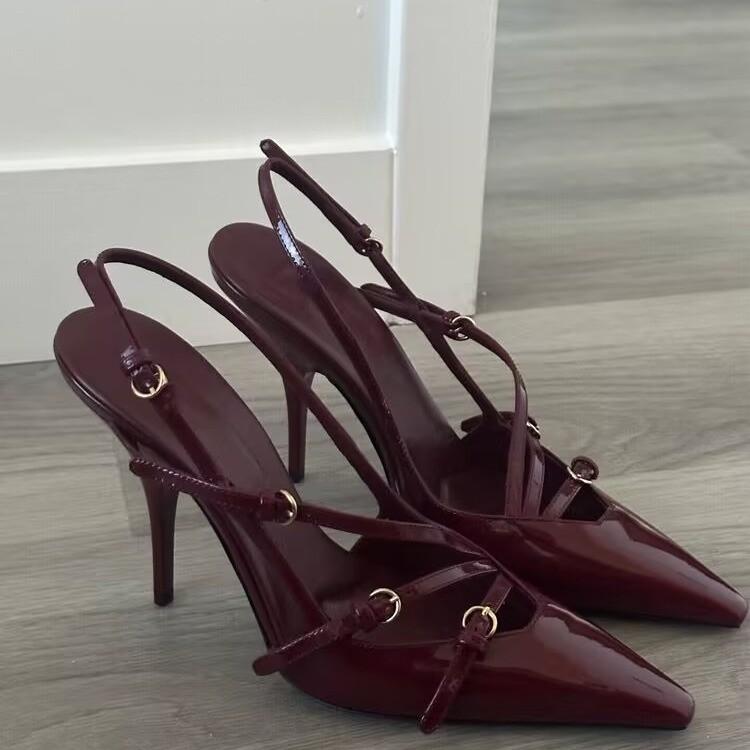 

Женские босоножки на высоком каблуке 2025 года, новые высококачественные босоножки из лакированной кожи, сексуальные босоножки с маленьким круглым носком и тонким каблуком 39