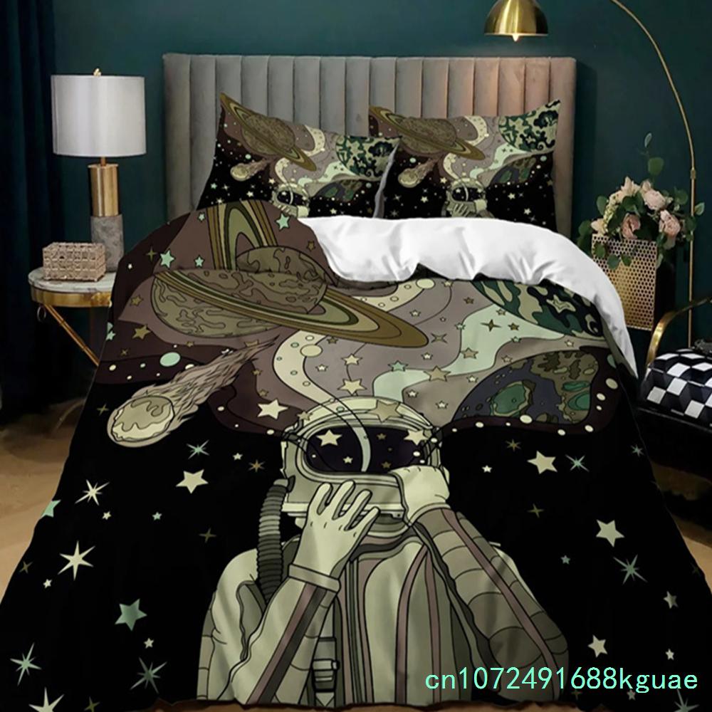Space Bedding Boys Cute Space Alien Duvet Cover Green Rocket Ship Cartoon Planet Comforter Cover Black Bedding Set For Kid Teen