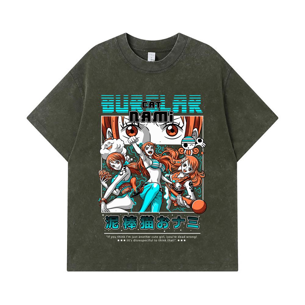 

275 GSM Washed T-shirts 100% Cotton One Piece V42 Nami Print Unisex Heavy Cotton T Shirt S