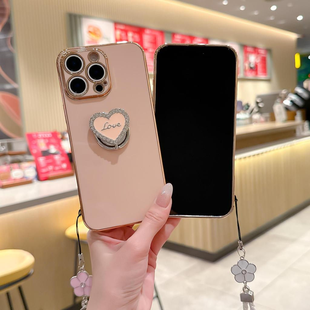 Luxury Wrist Strap Love Heart Stand Plating Camera Lens Protect Bumper Phone Case For iPhone 17 Air 16 15 14 Plus 13 12 11 Pro Max SE Girls Cute Cover