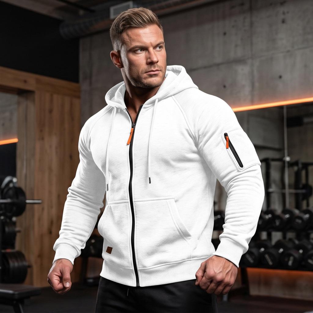 Men's Zip-Up Hoodie Jacket with Multiple Pockets for Outdoor Sports Training