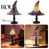 Warm Ambient Lighting Stained Glass Witch Hat Lamp, USB Powered Resin Night Light, Gothic Halloween Decoration Light Table Lamp for Bedroom Bookshelf