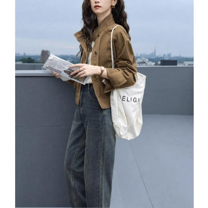 Womens Retro Brown Denim Short Jacket Loose Fit Stand Collar Utility Workwear Top 2026 Winter