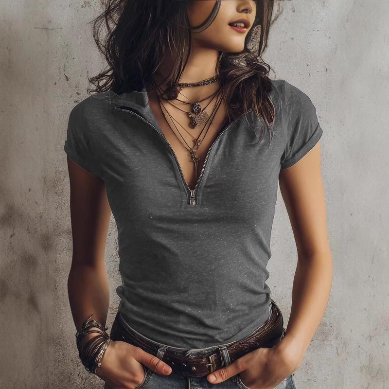 Women's T-shirts Spring Summer New Arrivals Plain-coloured Short-sleeved T-shirts with Zip-up Collars