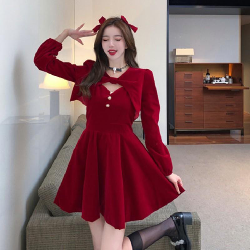 Girls Velvet Dress 2-Piece Set V-Neck Long Sleeve Slim Fit Princess 4 Years Old