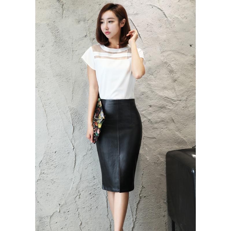 Women Faux Leather Midi Pencil Skirt, High Waist Slim Bodycon Skirt, Front Split Wrap Skirt, Spring Fall Party Commuter Sheath Skirt for Ladies