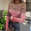 Women's Slim Fit Leopard Print Long Sleeve Round Neck Pullover T-Shirt