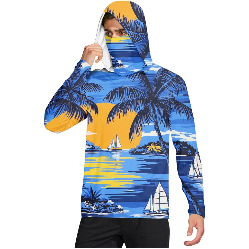 Men's Casual Hawaiian Print Hooded Long Sleeve Sun Protection Shirt Lightweight Breathable UV Protective Top for Outdoor Activities