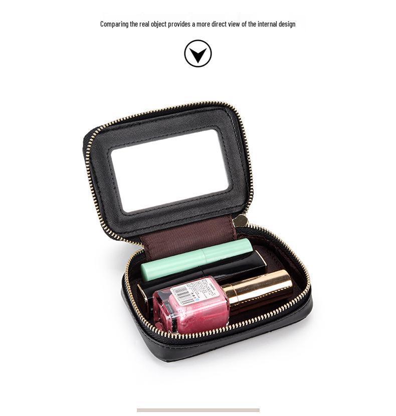 Ladies Genuine Leather Lipstick & Cosmetic Bag with Mirror, First Layer Cowhide, Small Zippered Storage, Versatile and Portable