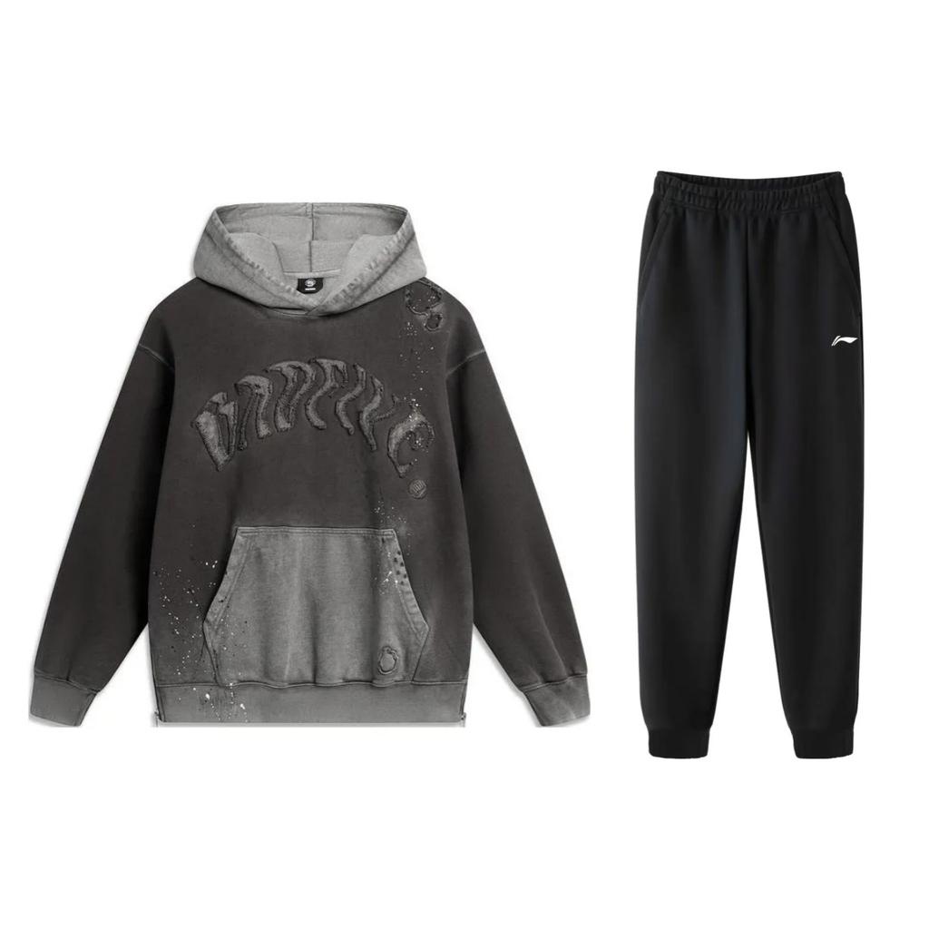 Li Ning Loose Fit Hooded Pullover Long Sleeve Sweatshirt And Mid Waist Elastic Pants Casual Sports Set Unisex Set AWDU097-1+AKLT645-1