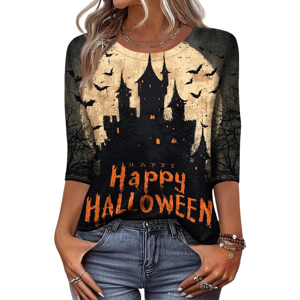 Women's Casual Crew Neck Three Quarter Sleeve Halloween Print T Shirt Top Lightweight Comfortable Fit for Everyday Wear