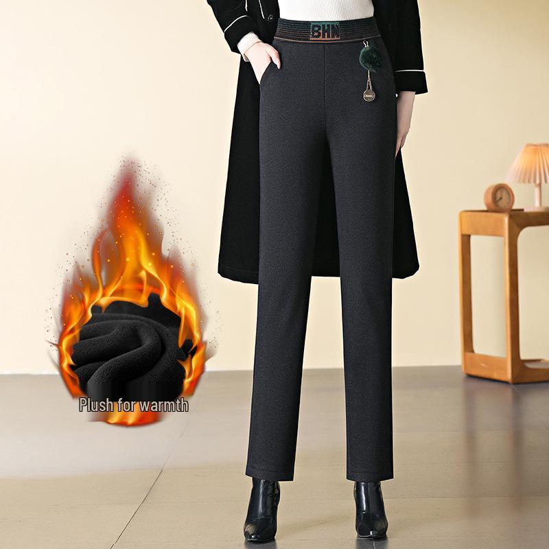 

Женские брюки-багеты на флисовой подкладке: Повседневные, Эластичная высокая талия, Большой размер, Теплые прямые для осени/зимы 4XL черный серый