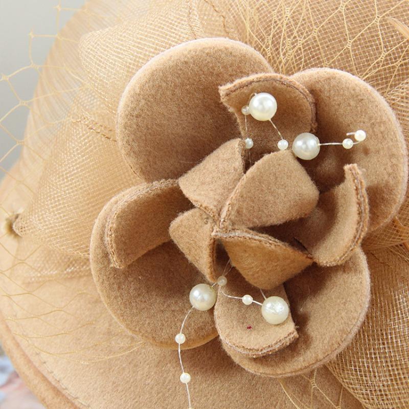 Women S Elegant Pearl Flower Half Roll Wool Bucket Hat Outdoor Fashion