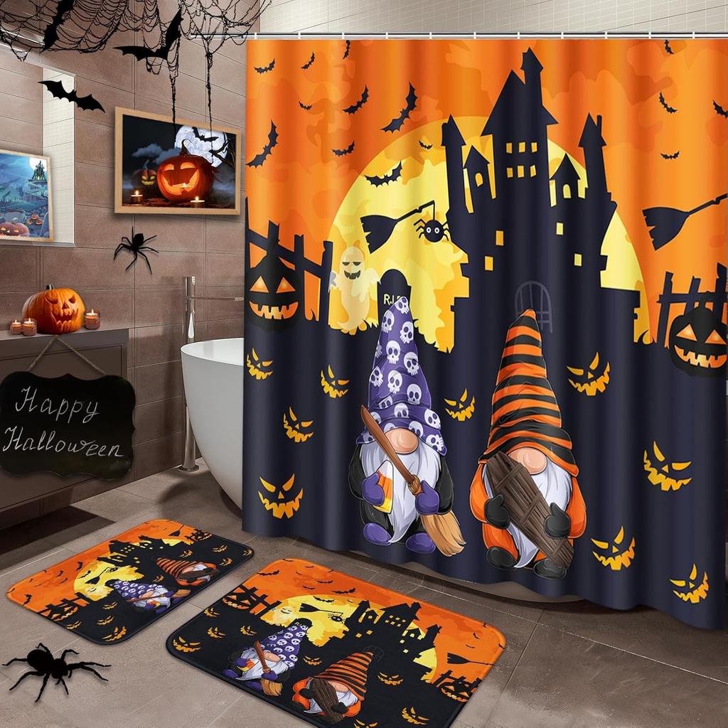 Halloween Bathroom Sets With Shower Curtain And Rugs Accessories, Funny Ghosts Shower Curtain Sets, Trick Or Treat Shower