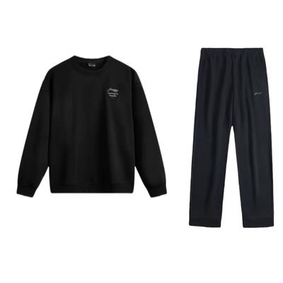 Li Ning Logo Print Round Neck Pullover Long Sleeve Sweatshirt Casual Sports Suit Men Sweatshirt Black AKLUA73-4+AWDUF05-1