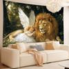 Angel And Lion Wall Tapestry, Peaceful Forest Art, Symbol Of Harmony & Protection, Elegant Home Decor For Bedroom & Living Room