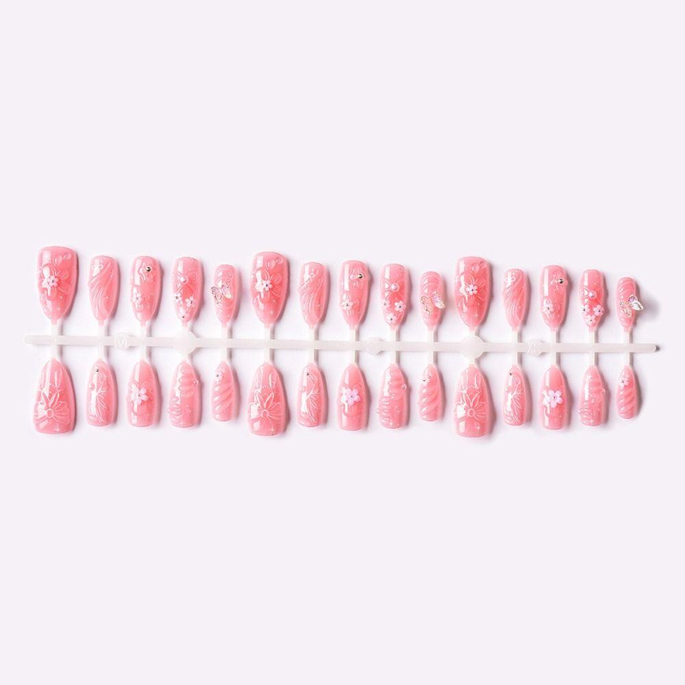 30 Tablets Starfish and Shells Handmade Summer 3D Nails Wearable Manicure with Diamonds Pink Bow Press-On Nails Detachable