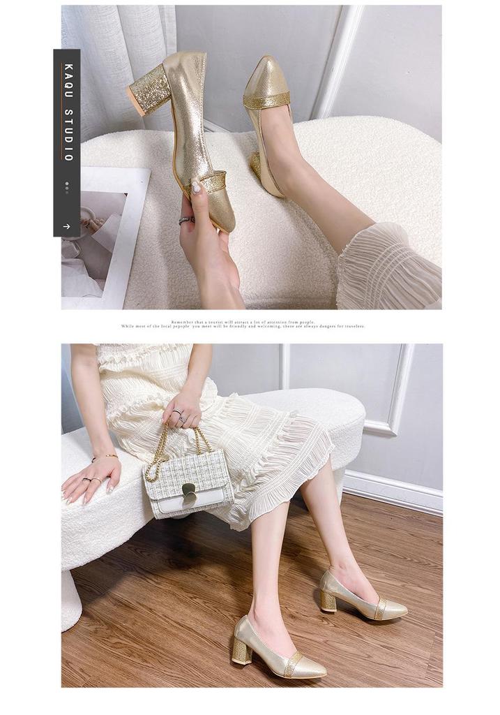 2025 Spring Women's High Heels: Pointed Toe Chunky Heel Slip-On Shoes with Rhinestones, Large Sizes Available