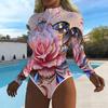 Women Long Sleeve One Piece Swimsuit Zip Front Rose Print Rash Guard Surfing Bathing Suit