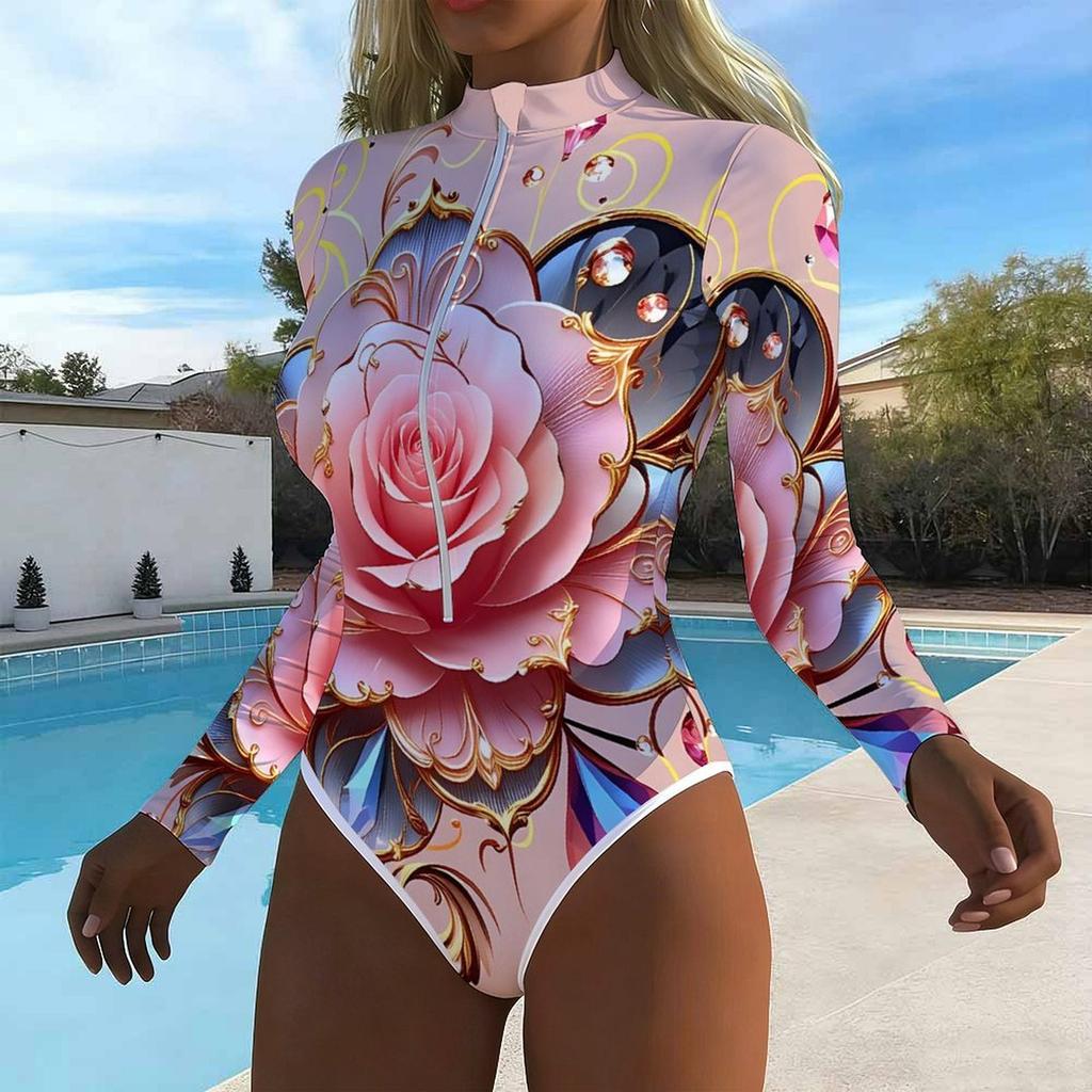 Women Long Sleeve One Piece Swimsuit Zip Front Rose Print Rash Guard Surfing Bathing Suit