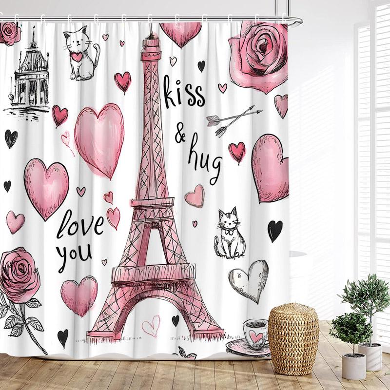 Vintage Paris Tower Shower Curtains Pink Butterfly Balloon Love Heart Floral Valentine'S Day Bathroom Curtain Decor With Hooks