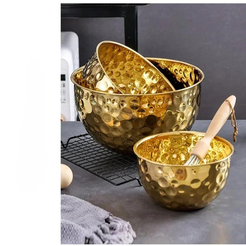 New Stainless Steel Hammer Point Fruit Bowl Salad Plate Egg Pot Thickened Baking Mixing Cooking Bowl Creative Decoration Bar KTV