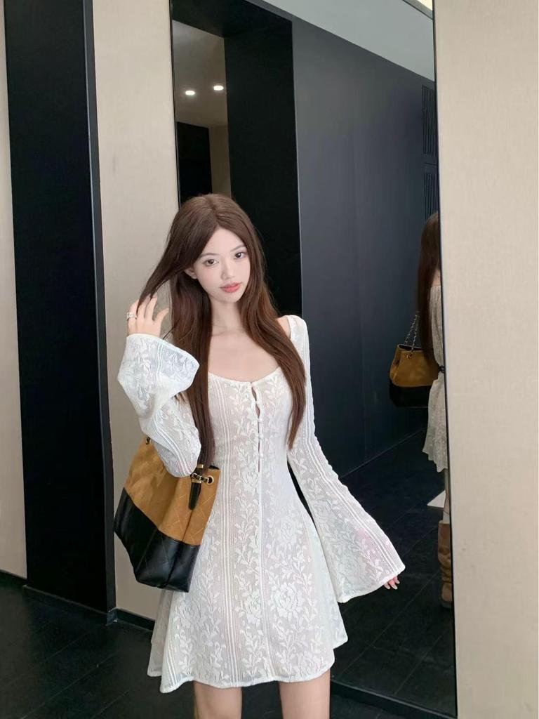 Hollow Lace Bell Sleeve Dress - Women's Elegant Slimming Autumn Style, Waist-Cinching Long Sleeve Skirt