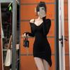 Spice girl black pure desire irregular long-sleeved dress new temperament waist short skirt slim and thin