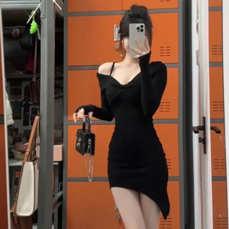 Spice girl black pure desire irregular long-sleeved dress new temperament waist short skirt slim and thin