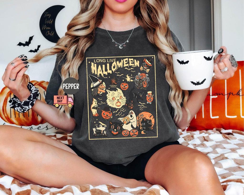 Comfort Colors® Retro Long Live Halloween Shirt, Vintage Black Cat Shirt, Retro Halloween, Fall Spooky Season Tee, Pumpkin Black Cat Shirt