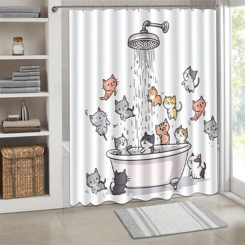 Cute Cat Shower Curtain Cartoon Kitten Bath Scene Fun Animal Art Pet Lover Decor Waterproof Printed Bath Curtain Home Fashion