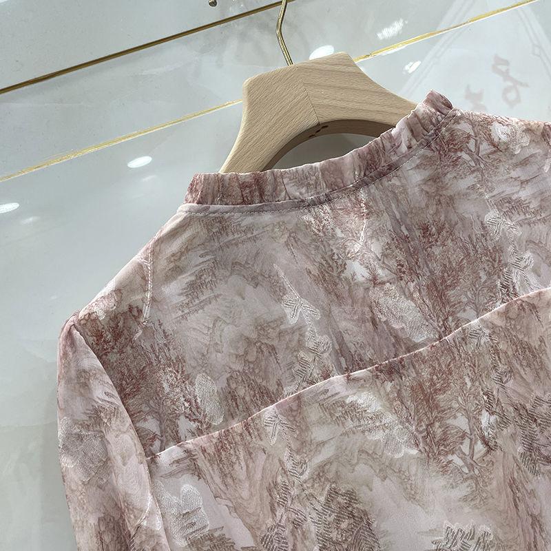 Spring Floral Chiffon Shirt Women Loose Fit Fashion Slimming Printed Lace Collar Blouse