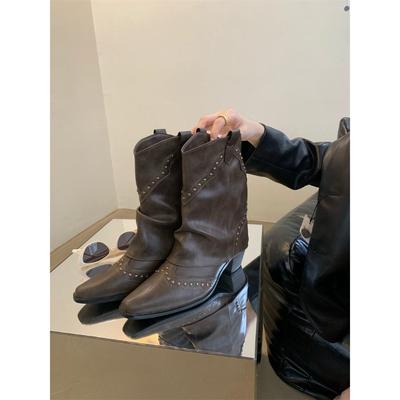 Britischer Retro-Stil Ritterstiefel 2025 Weidennagel spitz mittelhochschaftige Stiefel schlankes Temperament Mode-Stiefel