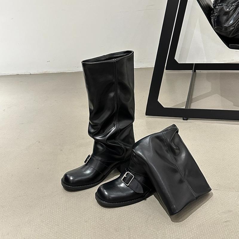 Winter Vintage Pleated Woman Knight Boots Fashion Belt Buckle Thick Heel Shoes Ladies Slip On Modern Mid Calf Botas