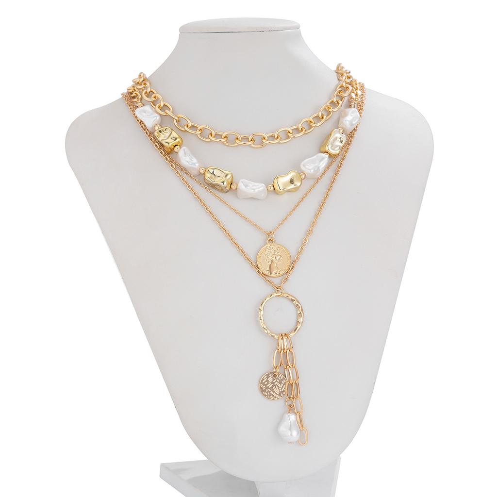Vintage Baroque Imitation Pearl Stacked Necklace Female, Punk Style Metal Portrait Pendant Item Jewelry