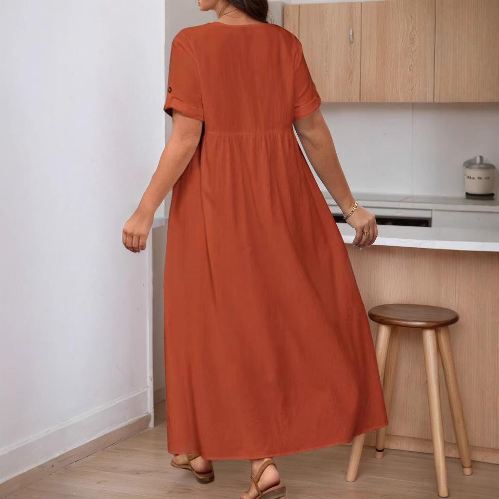 QICED Plus-size Elegant Spring Summer Solid Color Loose High-waisted Cotton and Linen Dress
