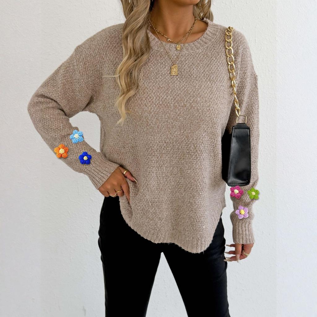 Women's T-Shirt Vintage Floral Print Round Neck Loose Long Sleeve Mid-Length Thumb Leak Top