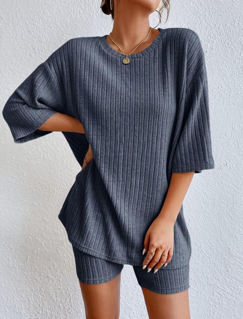 Ensemble Pyjama d'Été pour Femme Style Européen - Décontracté, Col Rond, Manches Courtes