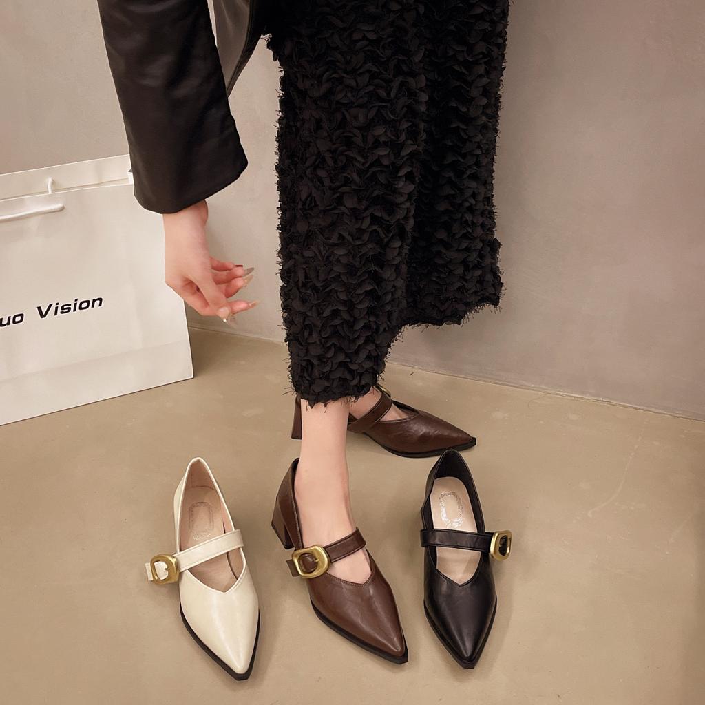 2025 New French Retro Leather Shoes for Women in Spring, Versatile, Pointed Single Shoes, Thick Heels, Straightened High Heels