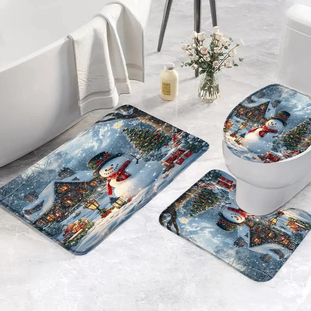 Set di 3 Tappetini da Bagno Natalizi Pupazzo di Neve Babbo Natale Scena Invernale con Neve Rosa Regalo Festivo Tappetino da Bagno Copri WC Decorazione Bagno