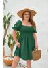 Plus Size Solid Color Casual Square Neck Vacation Dress with Smocked Puff Sleeves