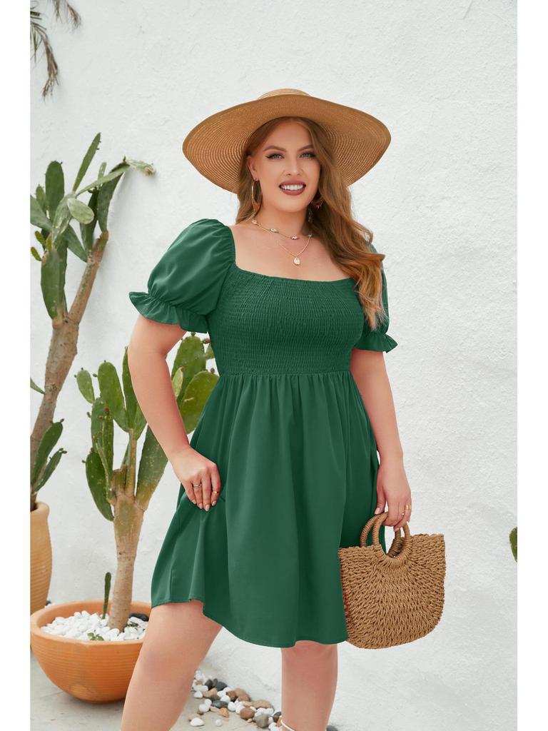 Plus Size Solid Color Casual Square Neck Vacation Dress with Smocked Puff Sleeves